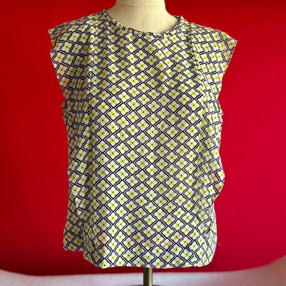 Womens Shirt Large Yellow Black Floral Geometric Business Chic Flowy